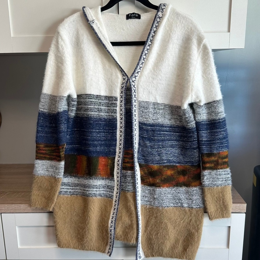 FATE Sienna Cardigan Sweater Womens S Hooded Open Front Boho Colorblock Earthy
